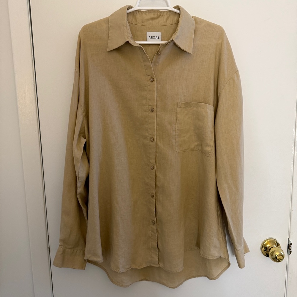 AEXAE Beige Tan 100% Linen Oversized Button Down Woven Shirt Size Medium Women’s